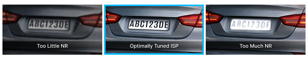 Dash cam noise reduction comparison showing effect on license plate character sharpnes